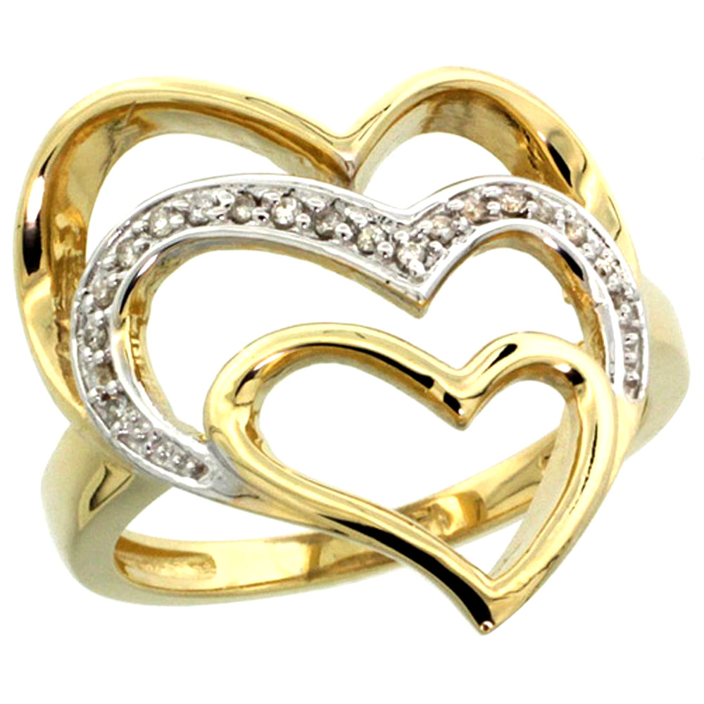 10K Yellow Gold Triple Heart Diamond Ring 0.09 cttw, 7/8 inch wide