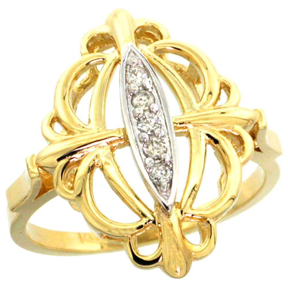10K Yellow Gold Fleur De Lis Loop Diamond Ring 0.10 cttw, 13/16 inch wide