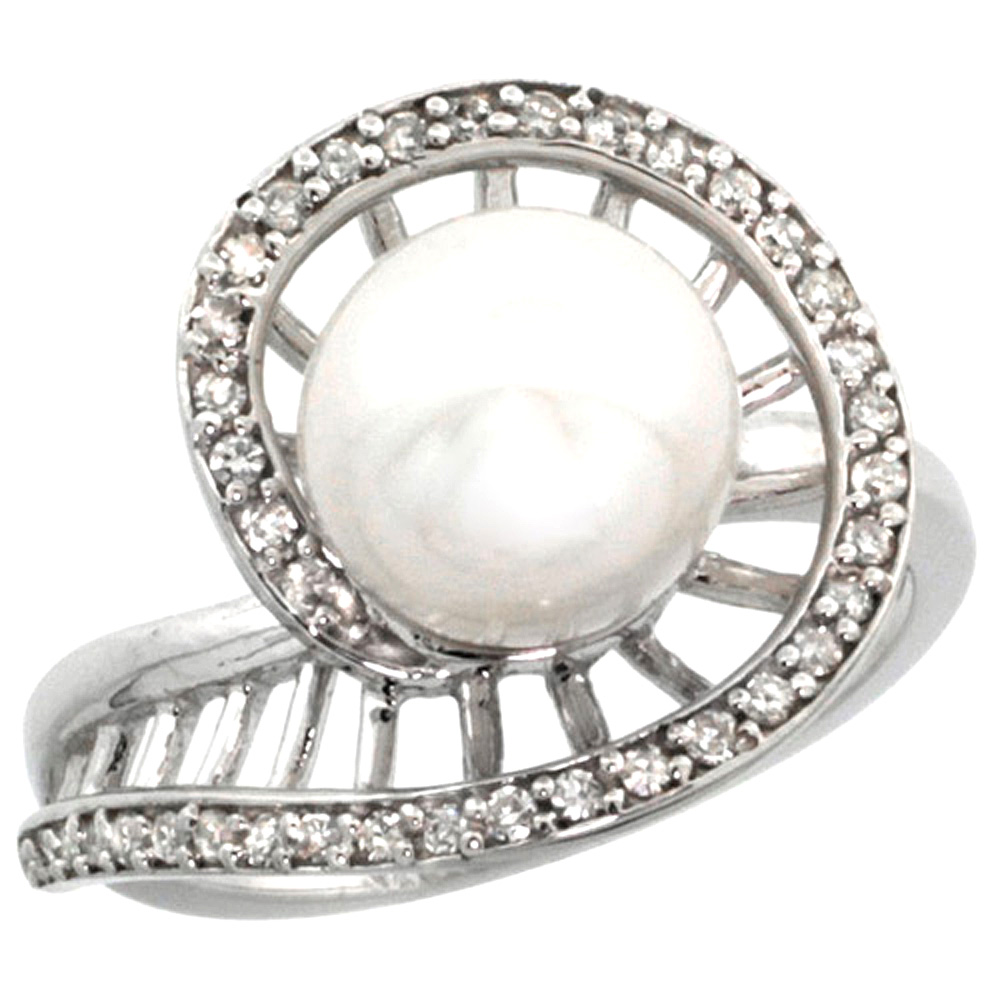 14k Yellow Gold Freshwater Pearl Bypass Ring Winding Diamond Accent, size 5-10