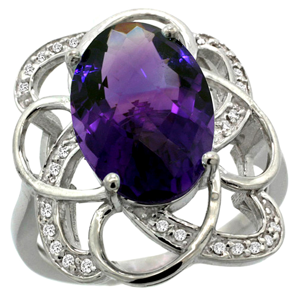 14K WHITE GOLD NATURAL AMETHYST FLORAL DESIGN RING 13X9 MM OVAL SHAPE DIAMOND ACCENT, 7/8INCH WIDE