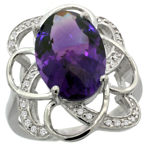 14k White Gold Natural Amethyst Floral Design Ring 13x9 mm Oval Shape Diamond Accent, 7/8inch wide 