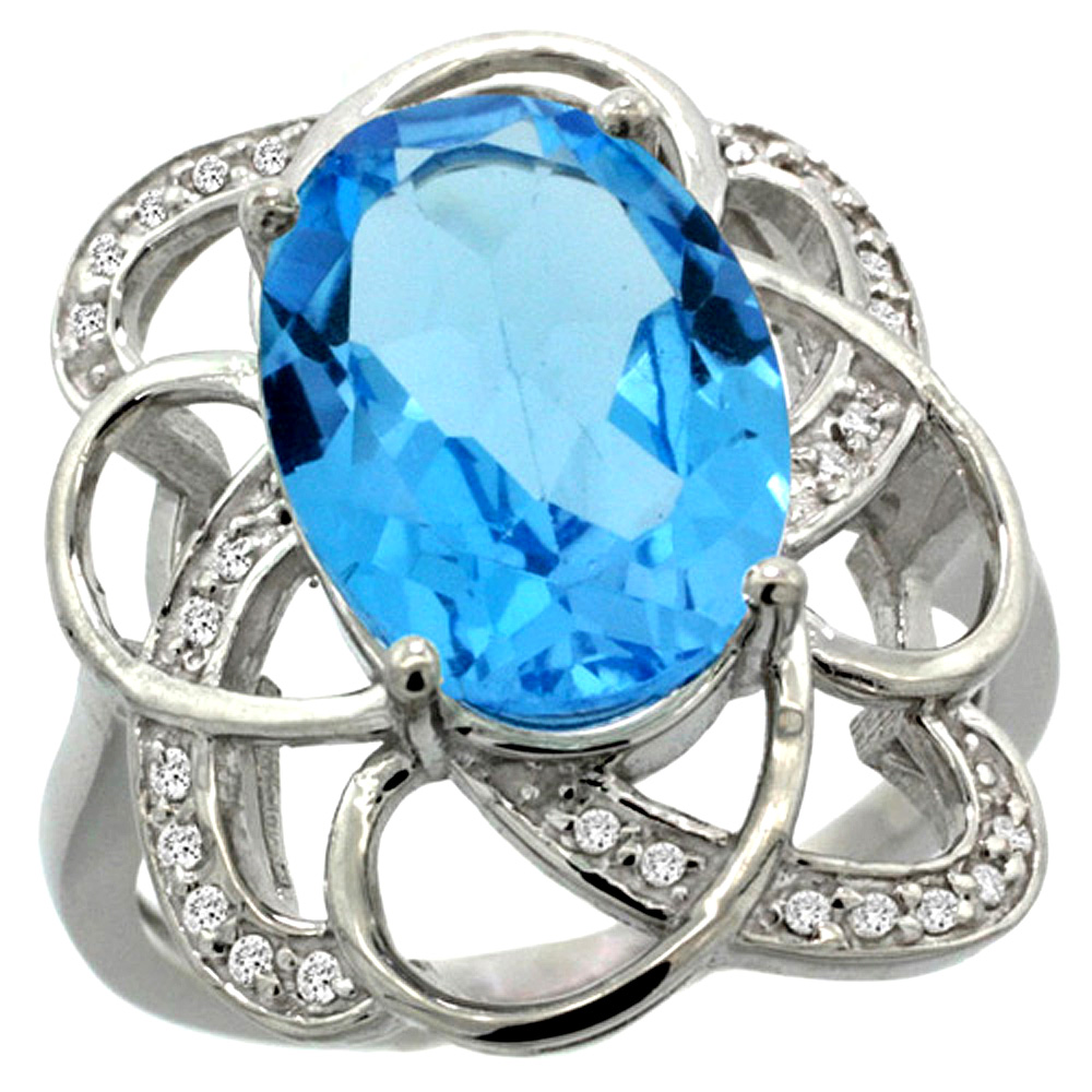 14K WHITE GOLD NATURAL SWISS BLUE TOPAZ FLORAL DESIGN RING 13X9 MM OVAL SHAPE DIAMOND ACCENT, 7/8INCH WIDE