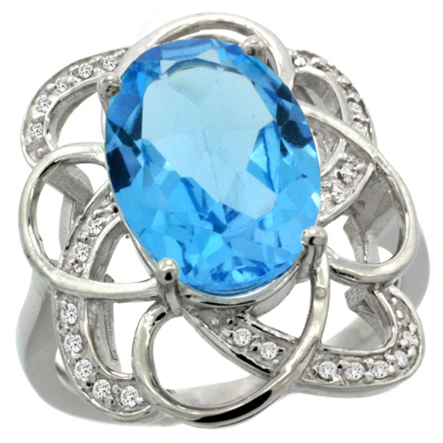 14k White Gold Natural Swiss Blue Topaz Floral Design Ring 13x9 mm Oval Shape Diamond Accent, 7/8inch wide 