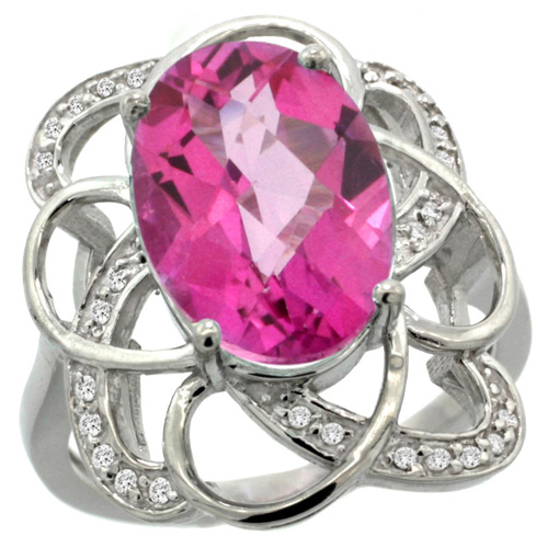 14k White Gold Natural Pink Topaz Floral Design Ring 13x9 mm Oval Shape Diamond Accent, 7/8inch wide 
