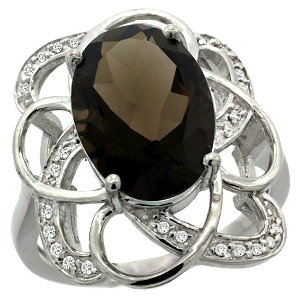 14K WHITE GOLD NATURAL SMOKY TOPAZ FLORAL DESIGN RING 13X9 MM OVAL SHAPE DIAMOND ACCENT, 7/8INCH WIDE