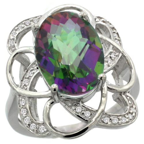 14k White Gold Natural Mystic Topaz Floral Design Ring 13x9 mm Oval Shape Diamond Accent, 7/8inch wide 