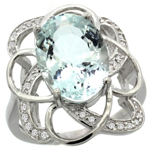 14k White Gold Natural Aquamarine Floral Design Ring 13x9 mm Oval Shape Diamond Accent, 7/8inch wide 