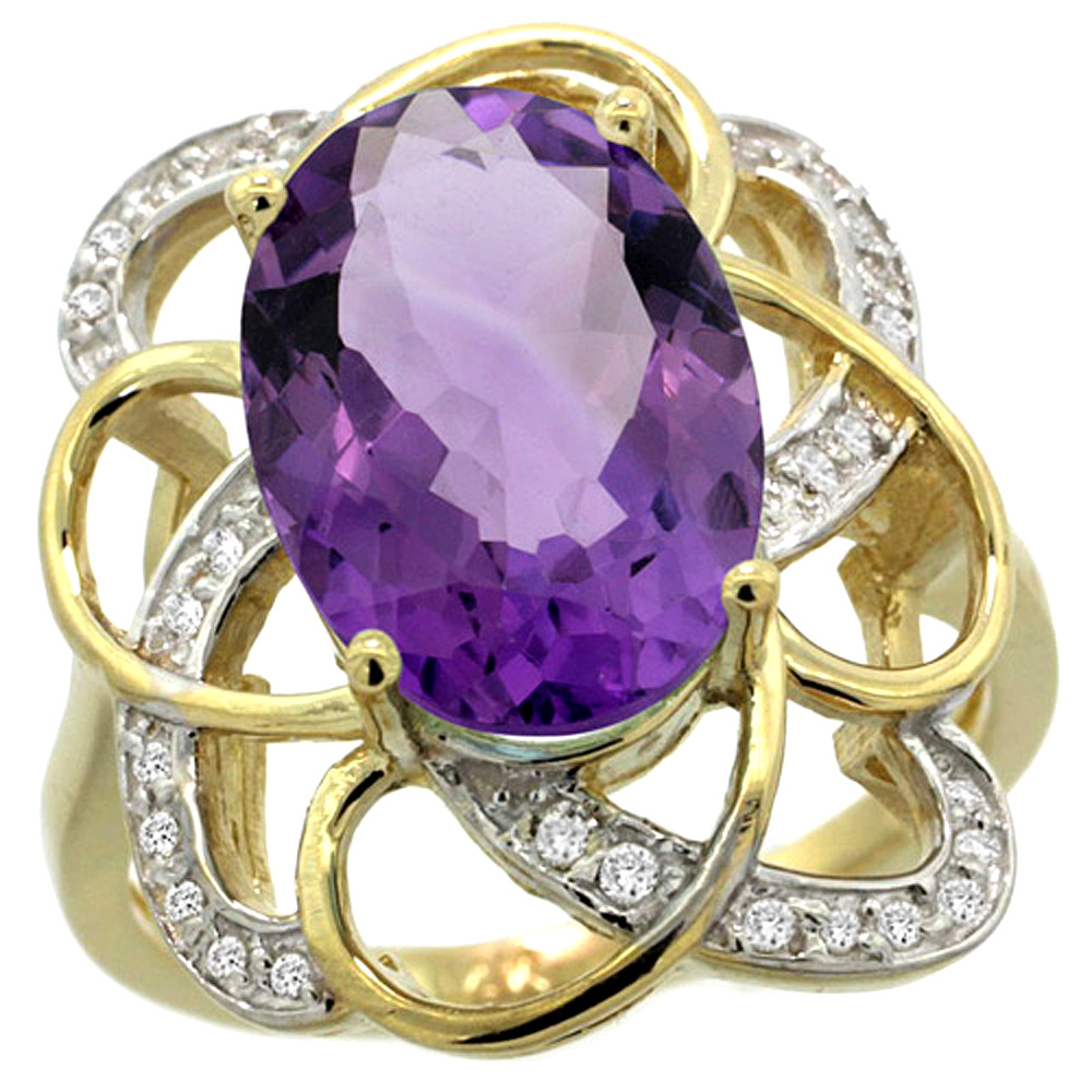 14K YELLOW GOLD NATURAL AMETHYST FLORAL DESIGN RING 13X9 MM OVAL SHAPE DIAMOND ACCENT, 7/8INCH WIDE