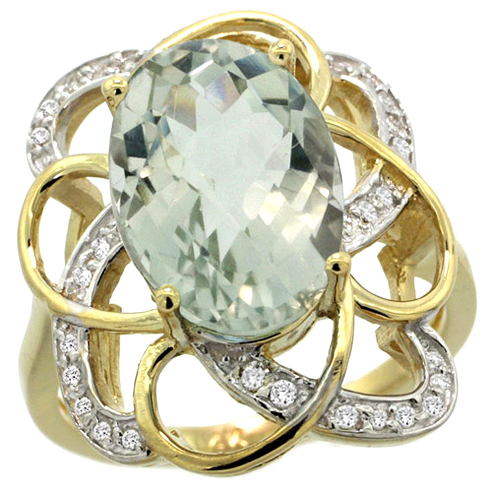 14K YELLOW GOLD NATURAL GREEN AMETHYST FLORAL DESIGN RING 13X9 MM OVAL SHAPE DIAMOND ACCENT, 7/8INCH WIDE