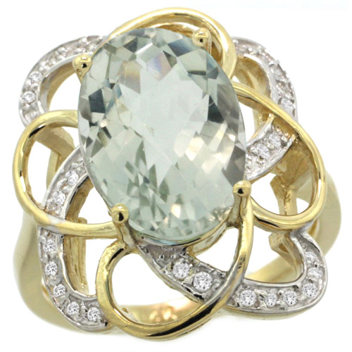 14k Yellow Gold Natural Green amethyst Floral Design Ring 13x9 mm Oval Shape Diamond Accent, 7/8inch wide