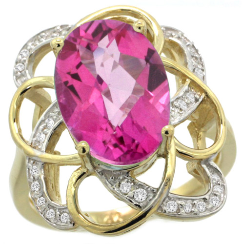 14k Yellow Gold Natural Pink Topaz Floral Design Ring 13x9 mm Oval Shape Diamond Accent, 7/8inch wide 