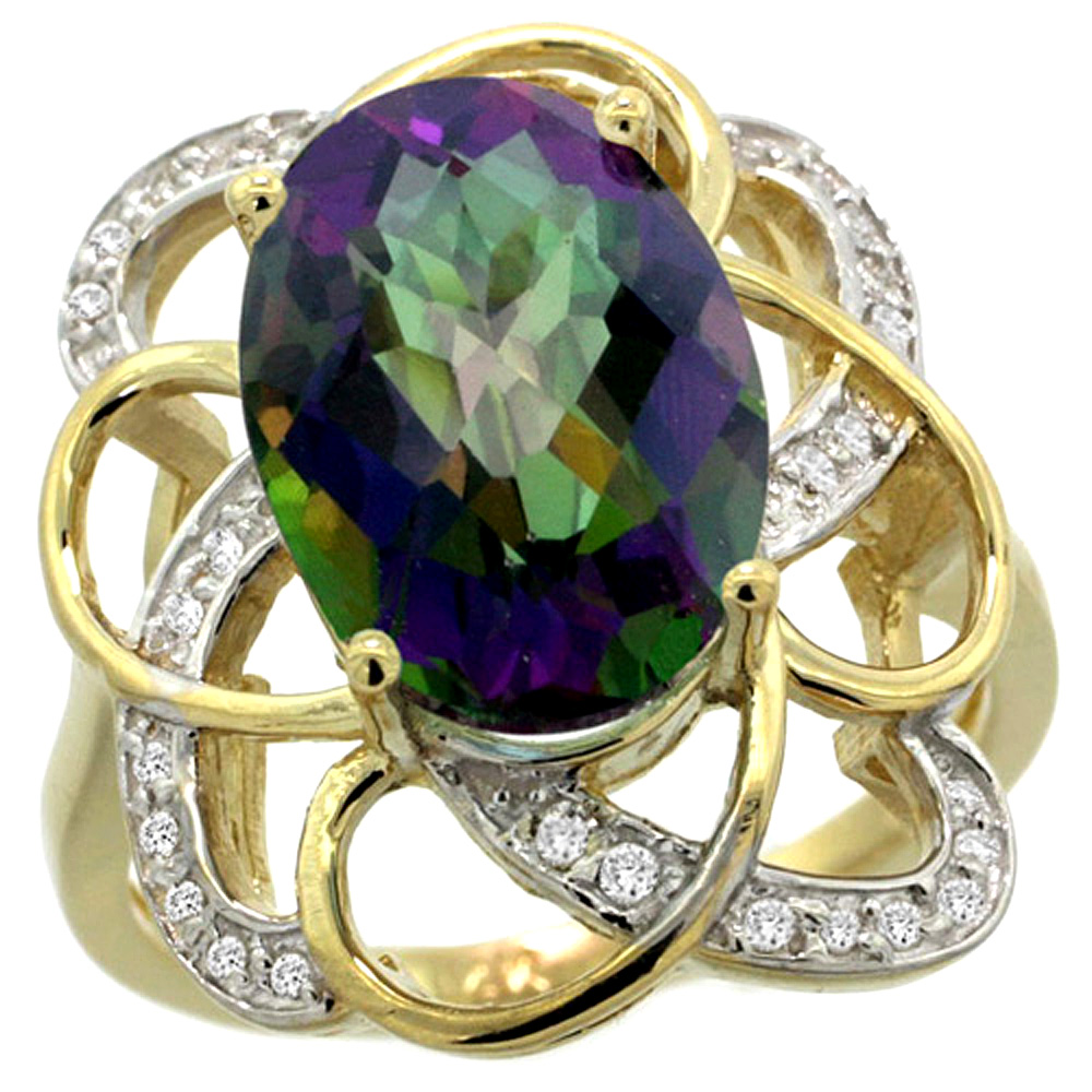 14K YELLOW GOLD NATURAL MYSTIC TOPAZ FLORAL DESIGN RING 13X9 MM OVAL SHAPE DIAMOND ACCENT, 7/8INCH WIDE