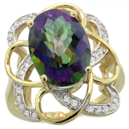 14k Yellow Gold Natural Mystic Topaz Floral Design Ring 13x9 mm Oval Shape Diamond Accent, 7/8inch wide 