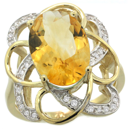 14k Yellow Gold Natural Citrine Floral Design Ring 13x9 mm Oval Shape Diamond Accent, 7/8inch wide 