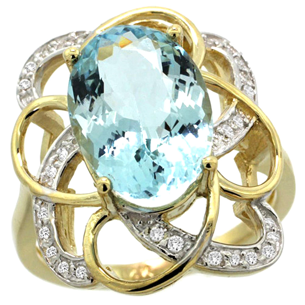 14K YELLOW GOLD NATURAL AQUAMARINE FLORAL DESIGN RING 13X9 MM OVAL SHAPE DIAMOND ACCENT, 7/8INCH WIDE