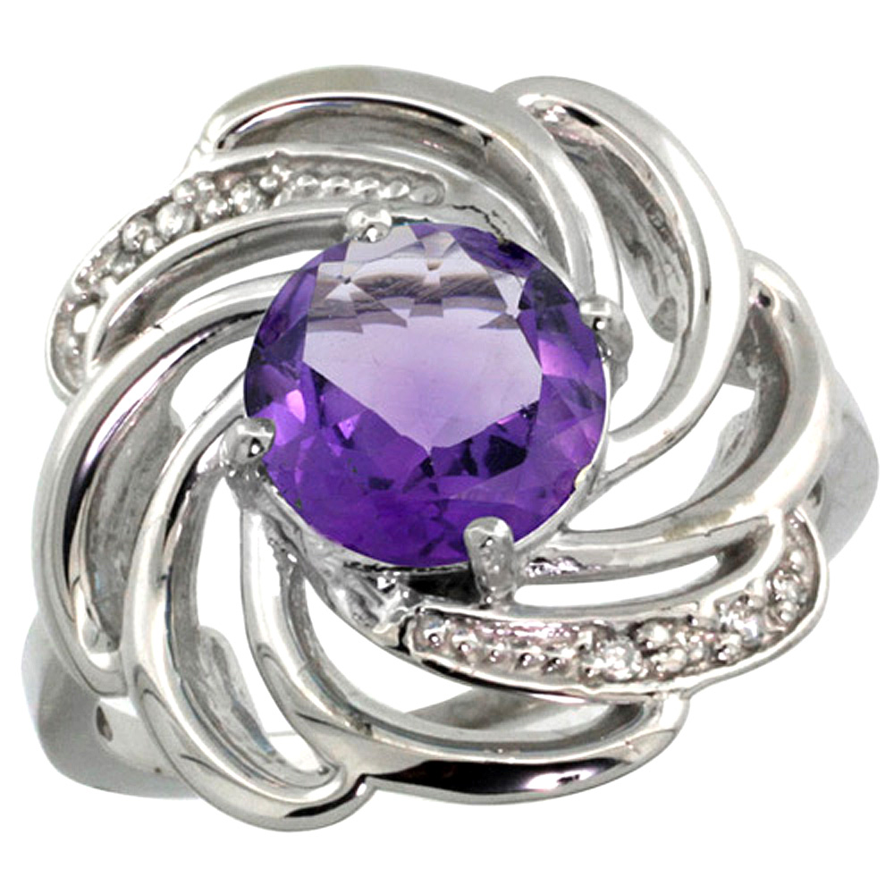 14k White Gold Stone Natural Amethyst Whirlpool Ring Round 8mm Diamond Accented, sizes 5 - 10
