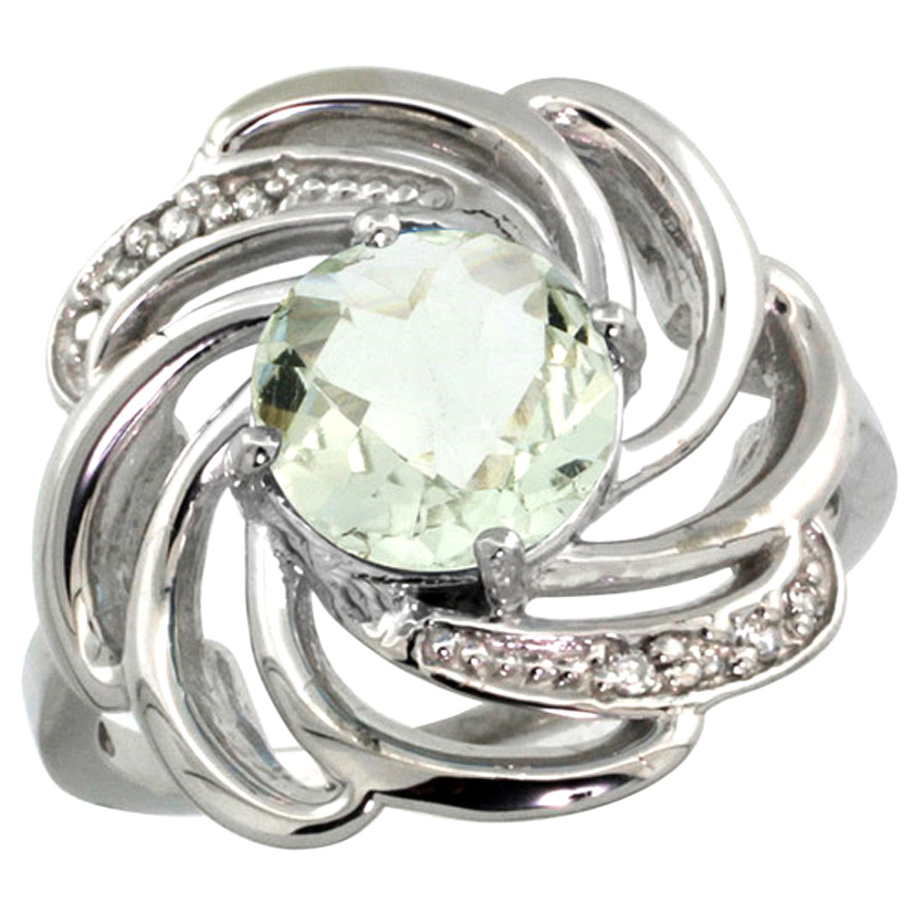 14K WHITE GOLD STONE NATURAL GREEN AMETHYST WHIRLPOOL RING ROUND 8MM DIAMOND ACCENTED, SIZES 5 - 10