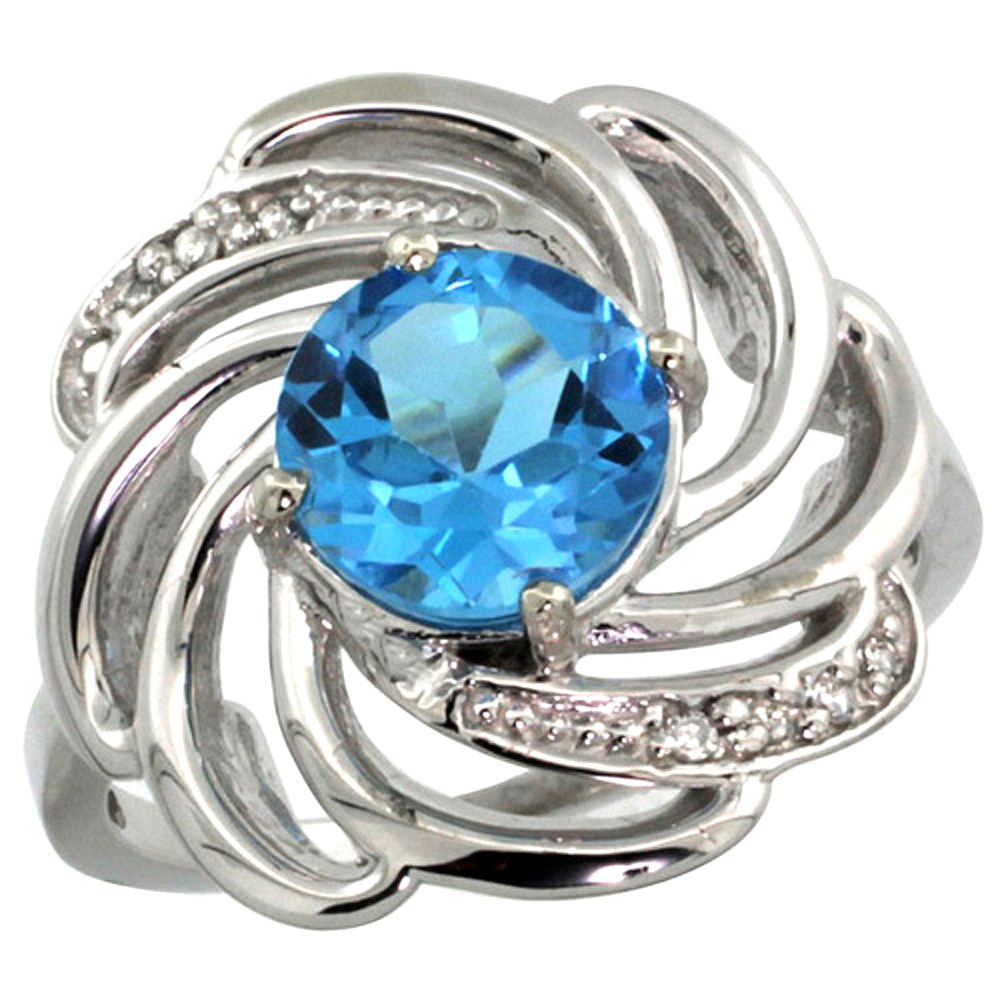 14K WHITE GOLD STONE NATURAL SWISS BLUE TOPAZ WHIRLPOOL RING ROUND 8MM DIAMOND ACCENTED, SIZES 5 - 10