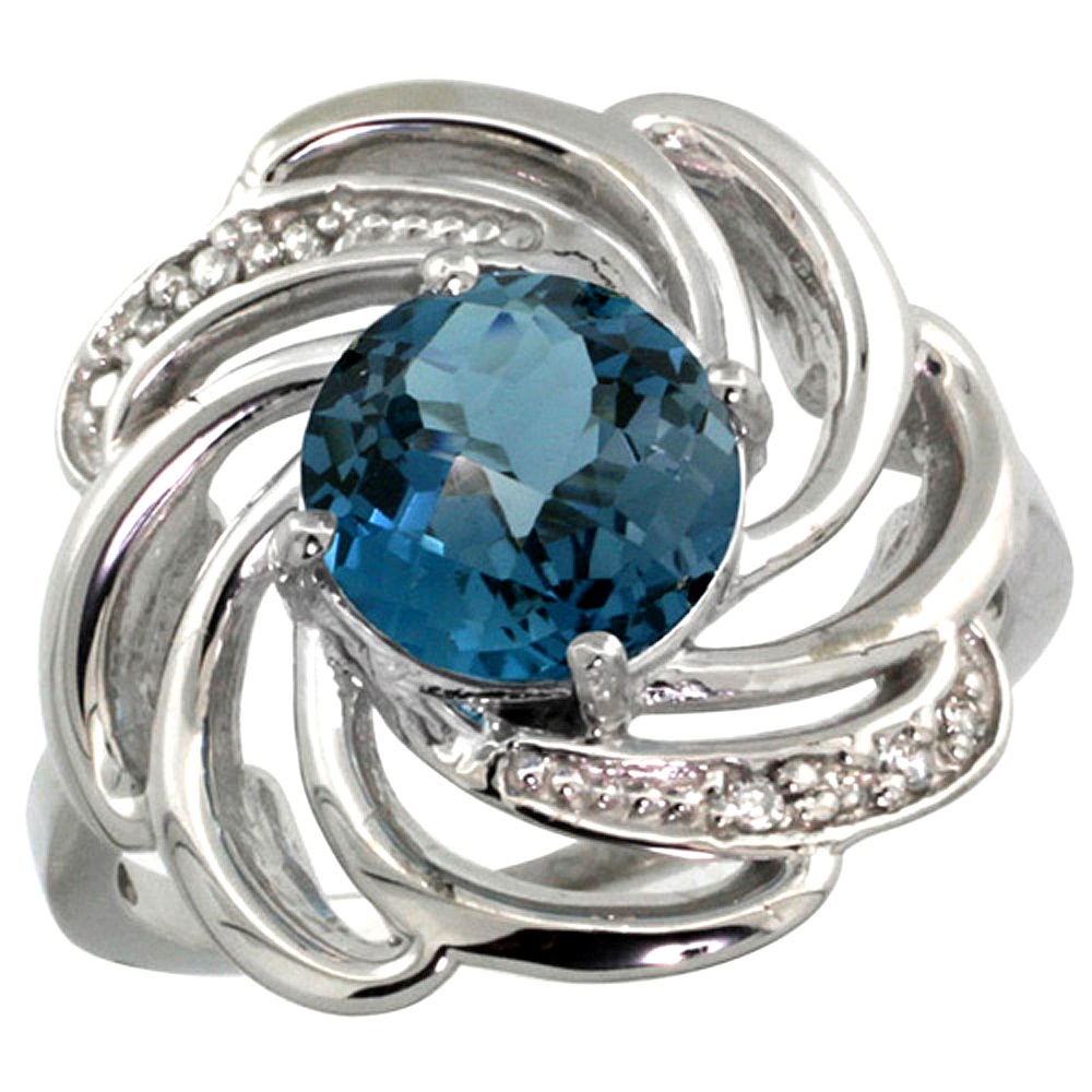 14K WHITE GOLD STONE NATURAL LONDON BLUE TOPAZ WHIRLPOOL RING ROUND 8MM DIAMOND ACCENTED, SIZES 5 - 10