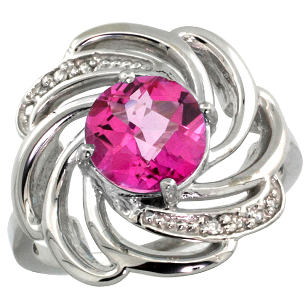14k White Gold Stone Natural Pink Topaz Whirlpool Ring Round 8mm Diamond Accented, sizes 5 - 10