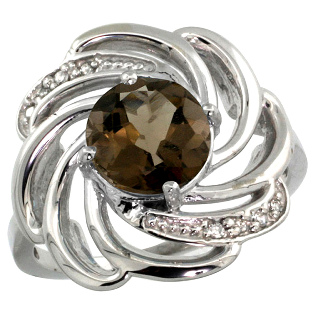14K WHITE GOLD STONE NATURAL SMOKY TOPAZ WHIRLPOOL RING ROUND 8MM DIAMOND ACCENTED, SIZES 5 - 10