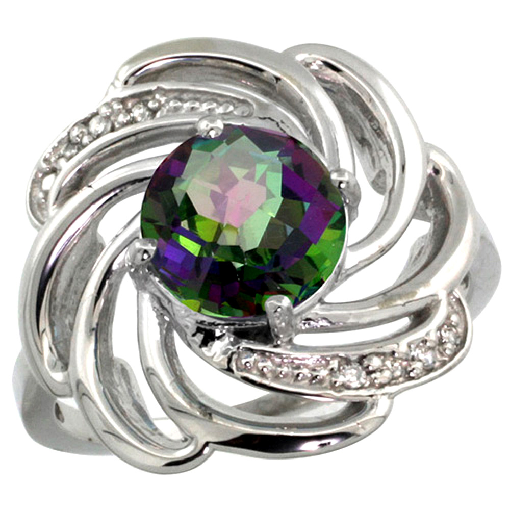 14K WHITE GOLD STONE NATURAL MYSTIC TOPAZ WHIRLPOOL RING ROUND 8MM DIAMOND ACCENTED, SIZES 5 - 10
