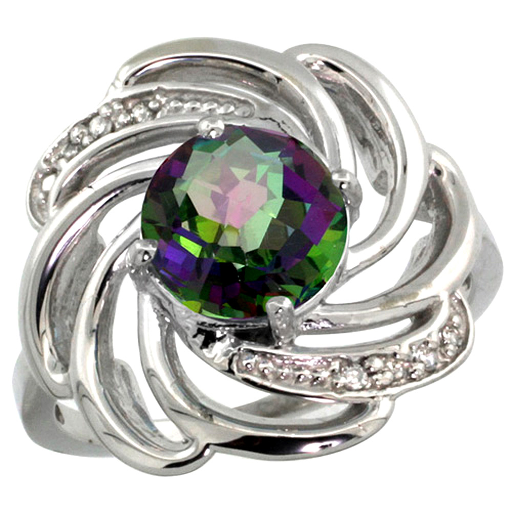 14k White Gold Stone Natural Mystic Topaz Whirlpool Ring Round 8mm Diamond Accented, sizes 5 - 10