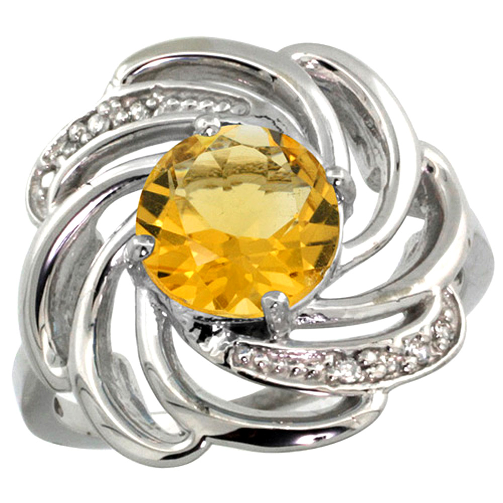 14k White Gold Stone Natural Citrine Whirlpool Ring Round 8mm Diamond Accented, sizes 5 - 10