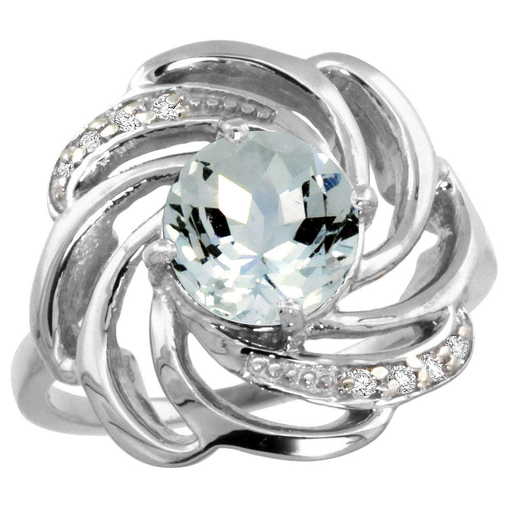 14k White Gold Stone Natural Aquamarine Whirlpool Ring Round 8mm Diamond Accented, sizes 5 - 10