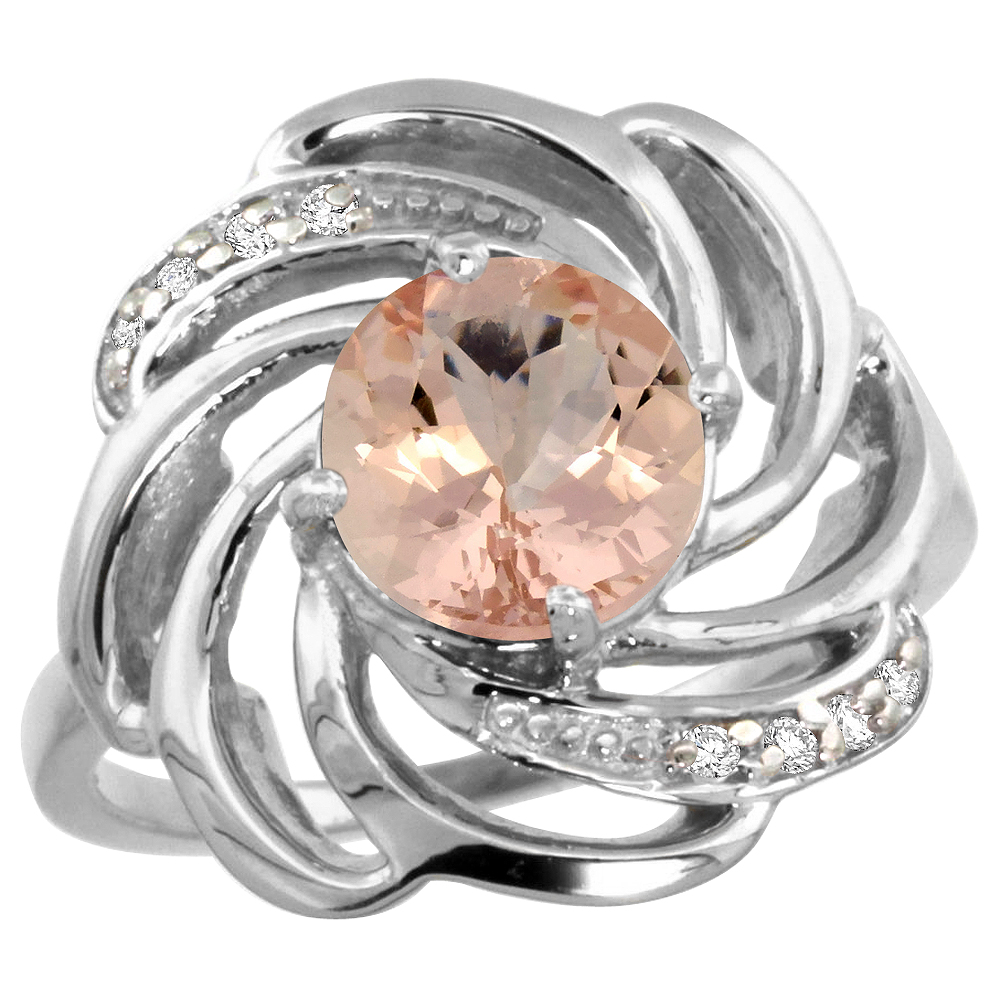 14K WHITE GOLD STONE NATURAL MORGANITE WHIRLPOOL RING ROUND 8MM DIAMOND ACCENTED, SIZES 5 - 10