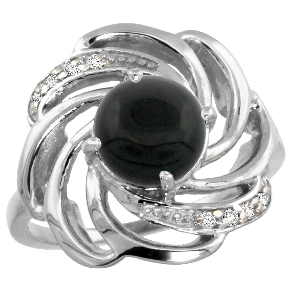 14K WHITE GOLD STONE NATURAL BLACK ONYX WHIRLPOOL RING ROUND 8MM DIAMOND ACCENTED, SIZES 5 - 10