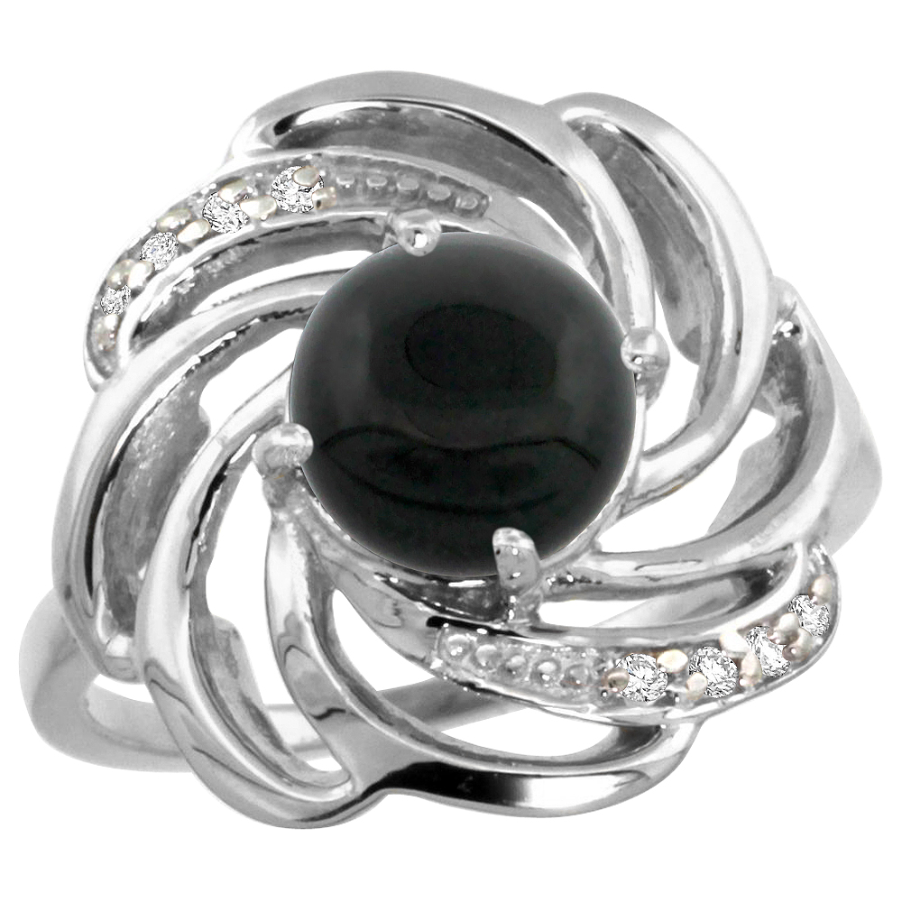 14k White Gold Stone Natural Black Onyx Whirlpool Ring Round 8mm Diamond Accented, sizes 5 - 10
