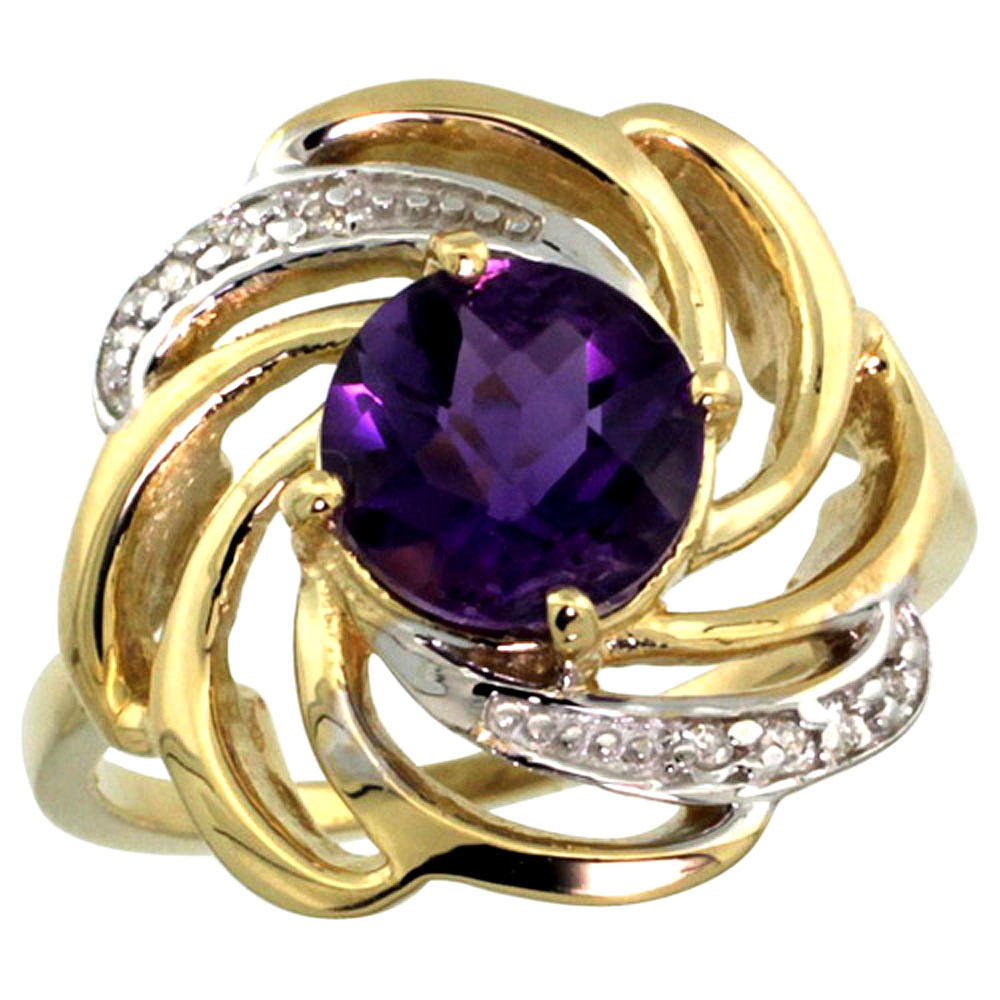 14k Yellow Gold Stone Natural Amethyst Whirlpool Ring Round 8mm Diamond Accented, sizes 5 - 10