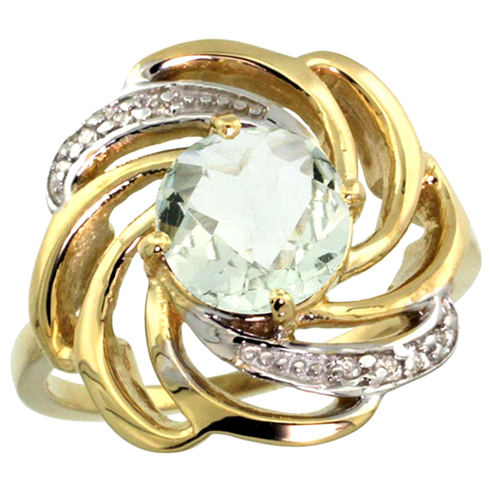 14k Yellow Gold Stone Natural Green Amethyst Whirlpool Ring Round 8mm Diamond Accented, sizes 5 - 10