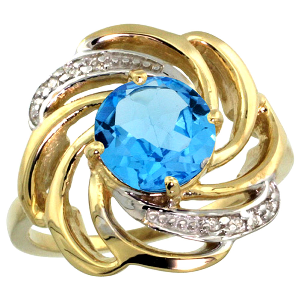 14k Yellow Gold Stone Natural Swiss Blue Topaz Whirlpool Ring Round 8mm Diamond Accented, sizes 5 - 10
