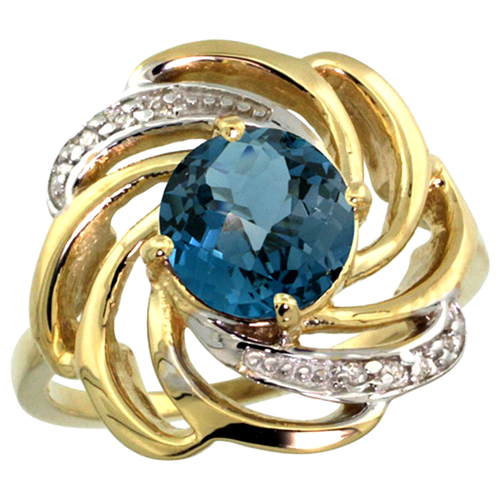 14K YELLOW GOLD STONE NATURAL LONDON BLUE TOPAZ WHIRLPOOL RING ROUND 8MM DIAMOND ACCENTED, SIZES 5 - 10