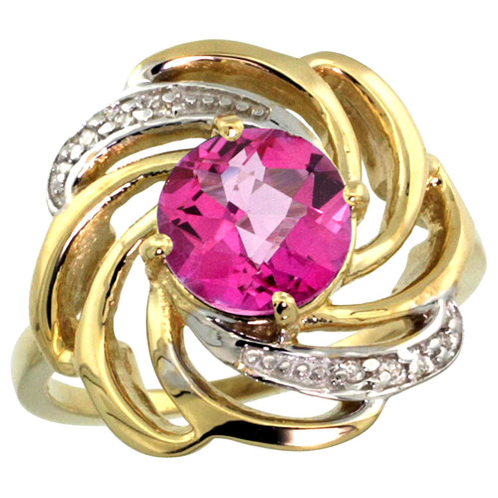 14k Yellow Gold Stone Natural Pink Topaz Whirlpool Ring Round 8mm Diamond Accented, sizes 5 - 10