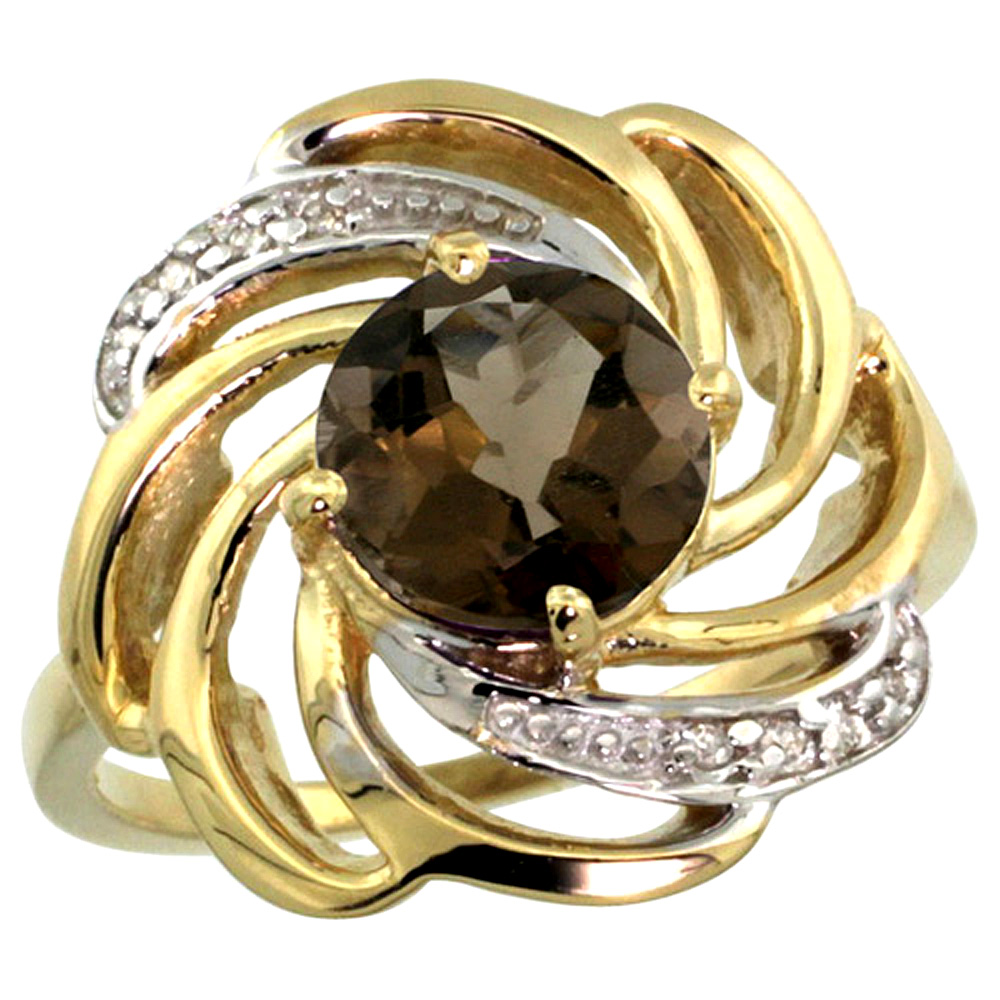 14k Yellow Gold Stone Natural Smoky Topaz Whirlpool Ring Round 8mm Diamond Accented, sizes 5 - 10