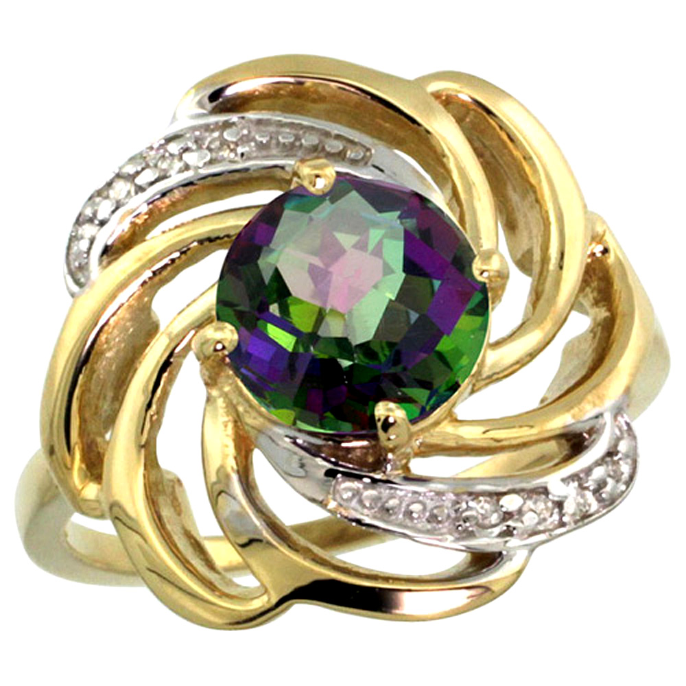 14k Yellow Gold Stone Natural Mystic Topaz Whirlpool Ring Round 8mm Diamond Accented, sizes 5 - 10