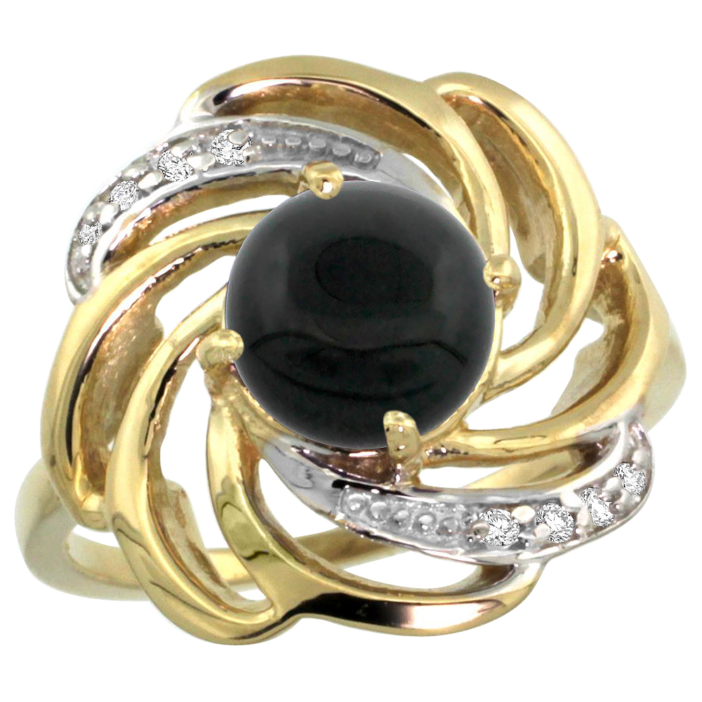 14k Yellow Gold Stone Natural Black Onyx Whirlpool Ring Round 8mm Diamond Accented, sizes 5 - 10