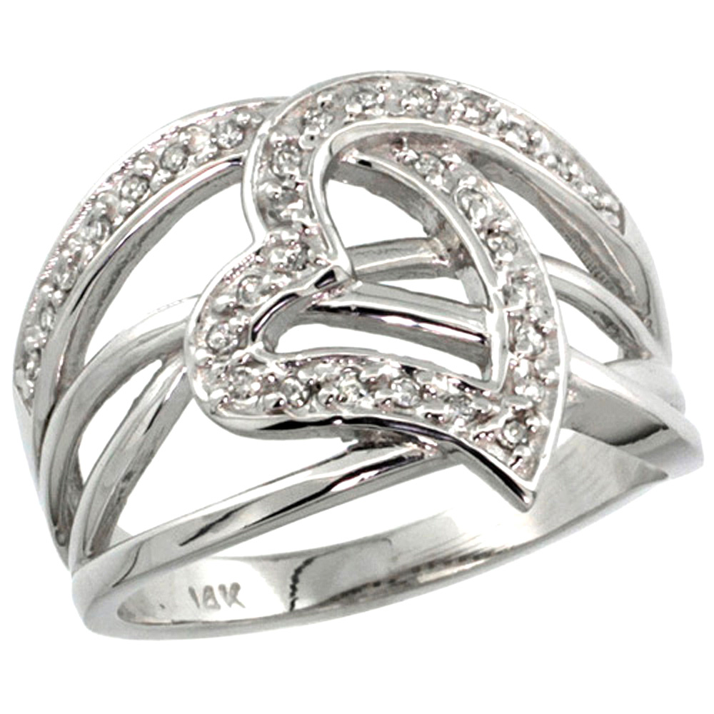 14K WHITE GOLD DIAMOND INTERLACING CUTOUT HEART RING 0.51 CT BRILLIANT CUT 9/16 INCH WIDE, SIZE 5-10