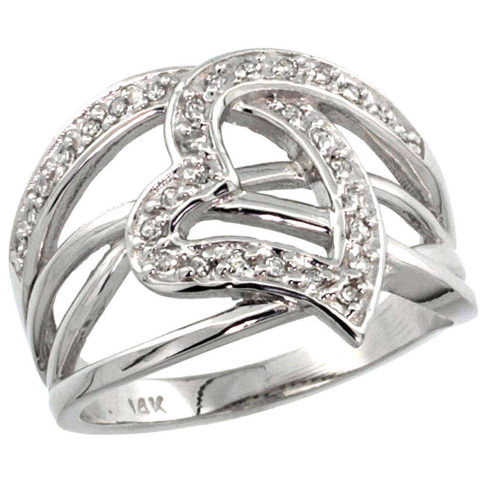 14k White Gold Diamond Interlacing Cutout Heart Ring 0.51 ct Brilliant Cut 9/16 inch wide, size 5-10