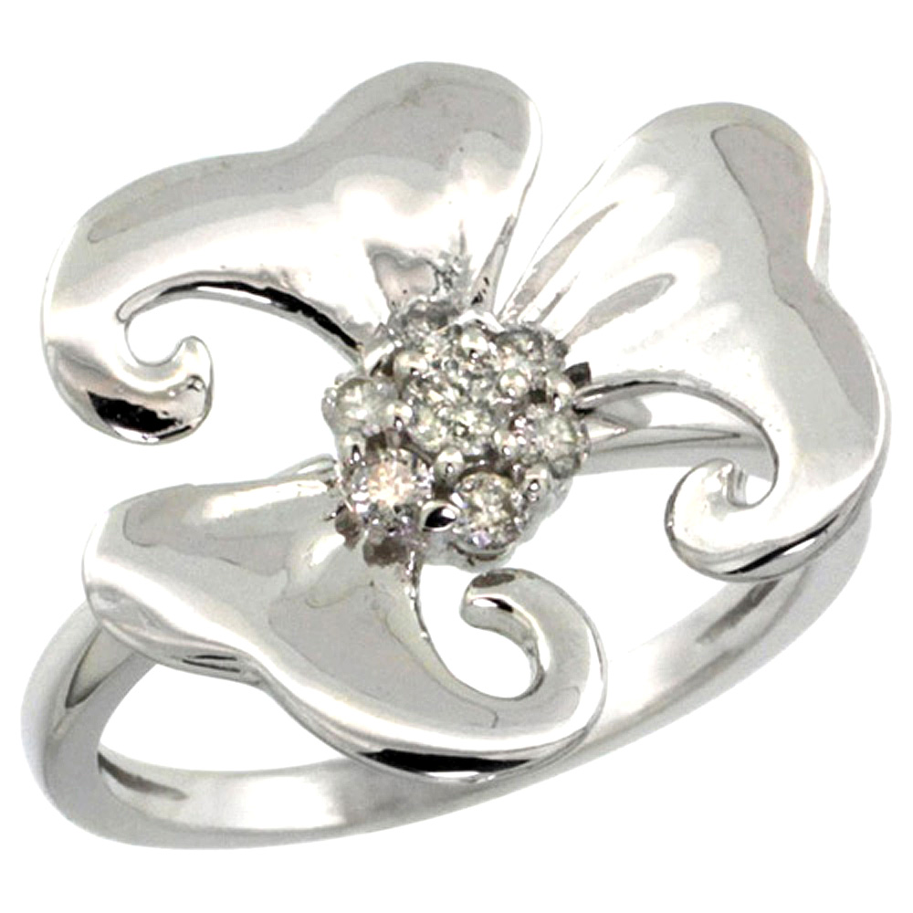 14K WHITE GOLD DIAMOND CLUSTER 3-PETAL FLOWER RING 0.24 CT BRILLIANT CUT 9/16 INCH WIDE, SIZE 5-10