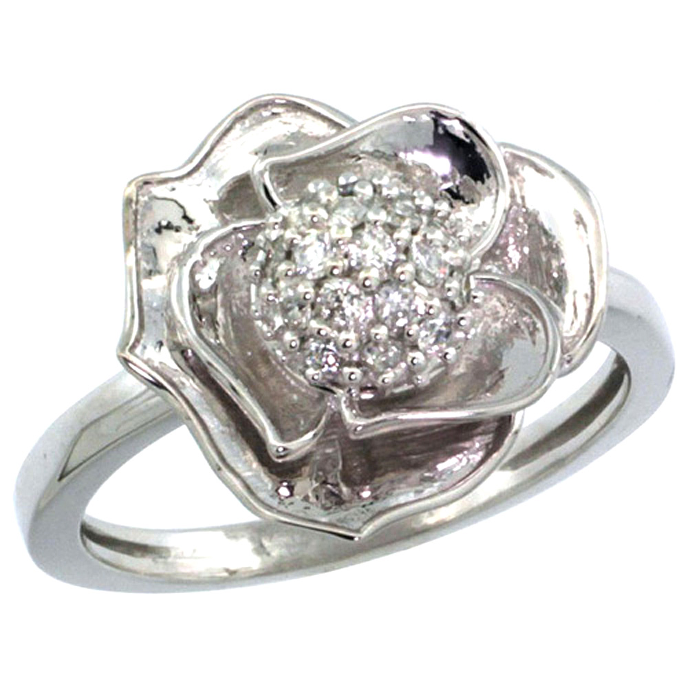14K WHITE GOLD DIAMOND CLUSTER ROSE FLOWER RING 0.54 CT BRILLIANT CUT 11/16 INCH WIDE, SIZE 5-10
