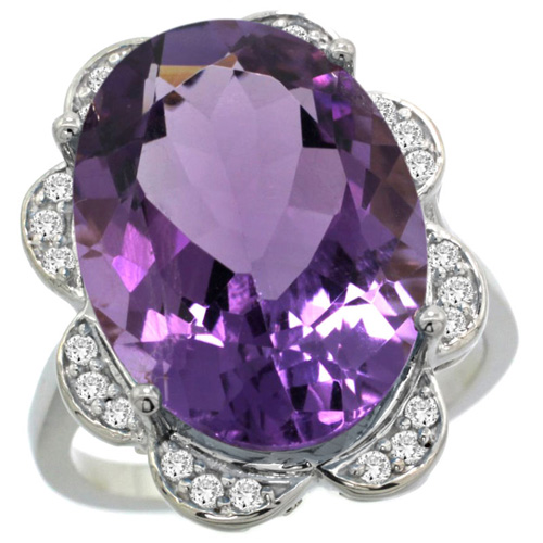 14k White Gold Natural Amethyst Ring Oval 18x13mm Diamond Floral Halo, 3/4inch wide, sizes 5 - 10 