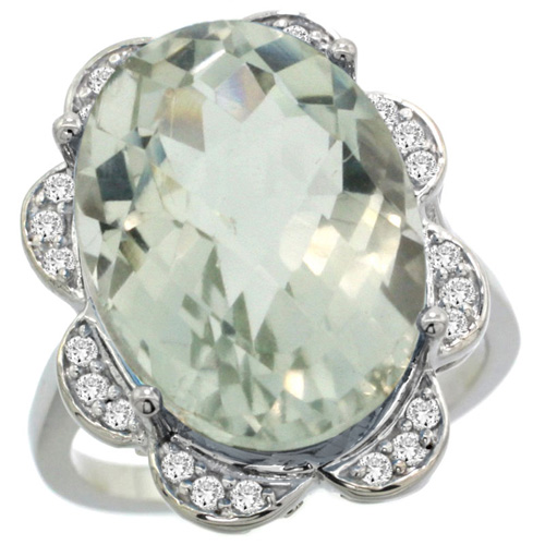 14k White Gold Natural Green Amethyst Ring Oval 18x13mm Diamond Floral Halo, 3/4inch wide, sizes 5 - 10 