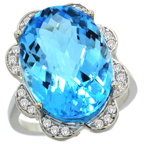 14k White Gold Natural Swiss Blue Topaz Ring Oval 18x13mm Diamond Floral Halo, 3/4inch wide, sizes 5 - 10 