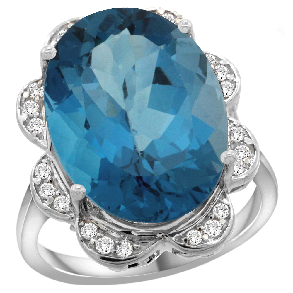 14k White Gold Natural London Blue Topaz Ring Oval 18x13mm Diamond Floral Halo, 3/4inch wide, sizes 5 - 10 