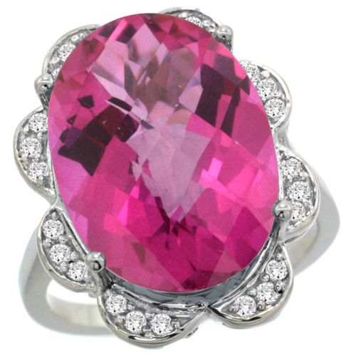 14k White Gold Natural Pink Topaz Ring Oval 18x13mm Diamond Floral Halo, 3/4inch wide, sizes 5 - 10 