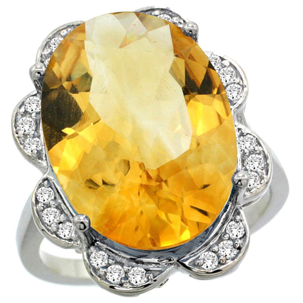14K WHITE GOLD NATURAL CITRINE RING OVAL 18X13MM DIAMOND FLORAL HALO, 3/4INCH WIDE, SIZES 5 - 10